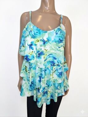 Peter Nygard Floral Tiered Tankini Top Blue Green Watercolor Swim Plus Size 16